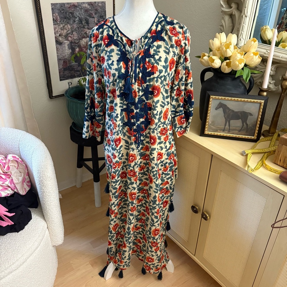 ROLLER RABBIT Embroidered Tassel‎ Maxi Kurta Kaftan Dress Size Medium Cotton